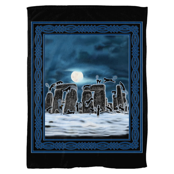 Bast Moon Over Stonehenge with Knotwork Frame Fleece Blanket