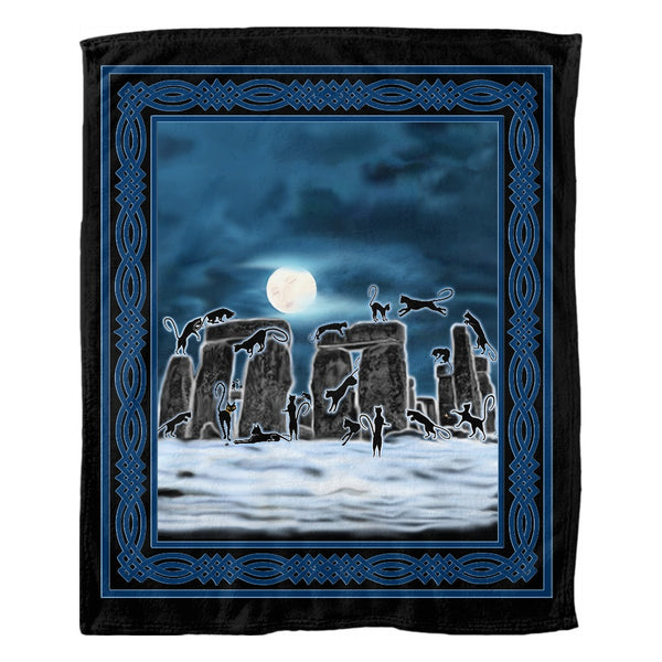 Bast Moon Over Stonehenge with Knotwork Frame Fleece Blanket