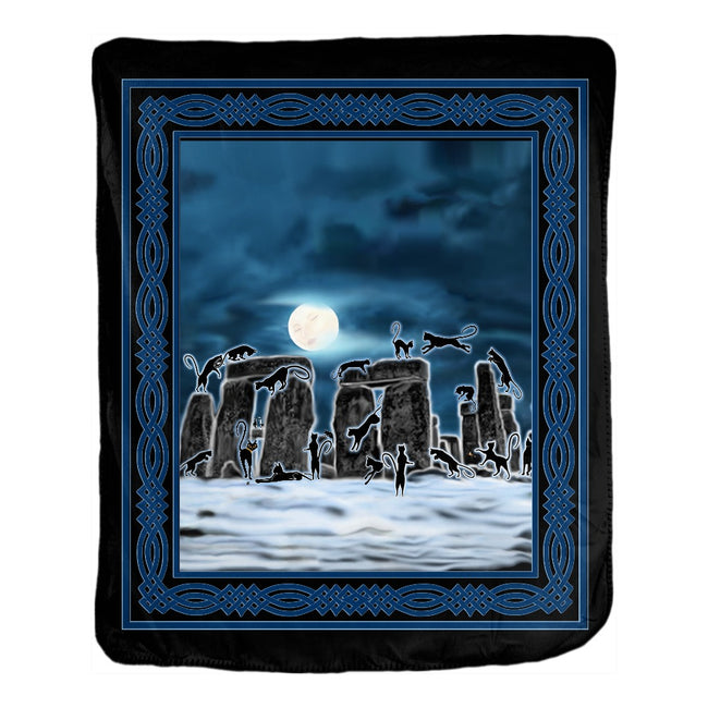Bast Moon Over Stonehenge with Knotwork Frame Velveteen Blanket