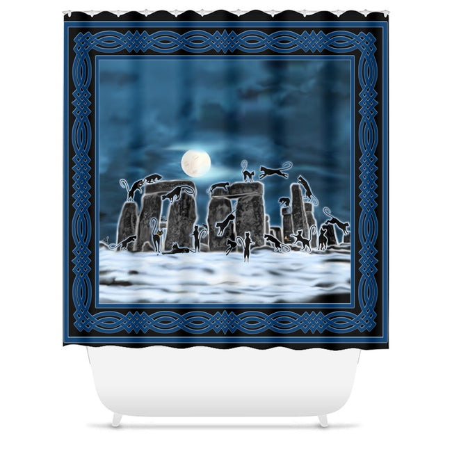 Bast Moon Over Stonehenge with Knotwork Border Shower Curtains